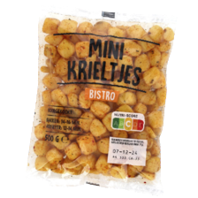 Opbakaardappelen ui en paprika, minikrieltjes bistro of aardappelschijfjes